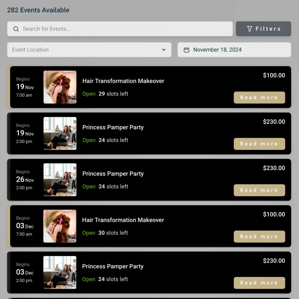 event list booking form demo dfw booking